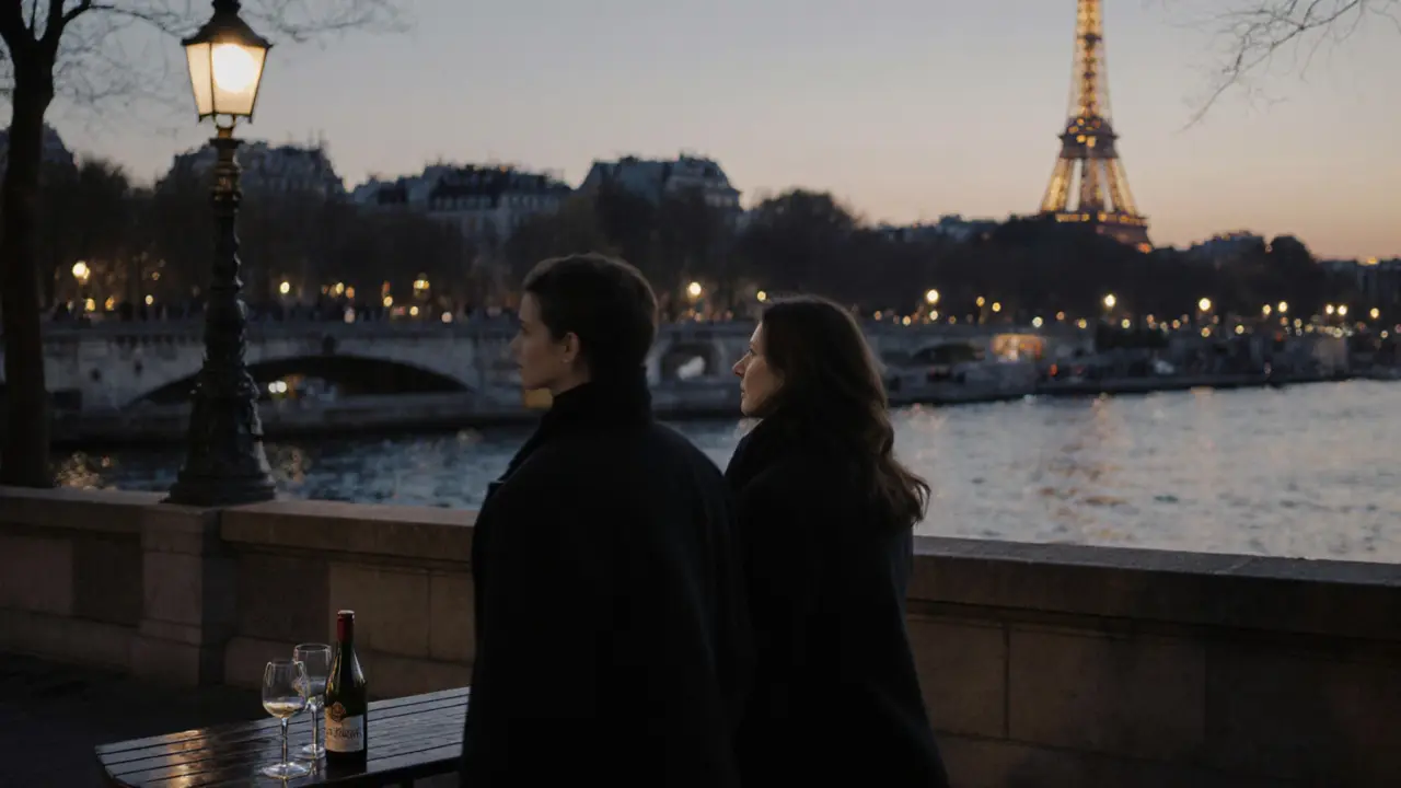 A couple walks along the Seine at dusk, the Eiffel Tower glowing behind them, sharing quiet presence.