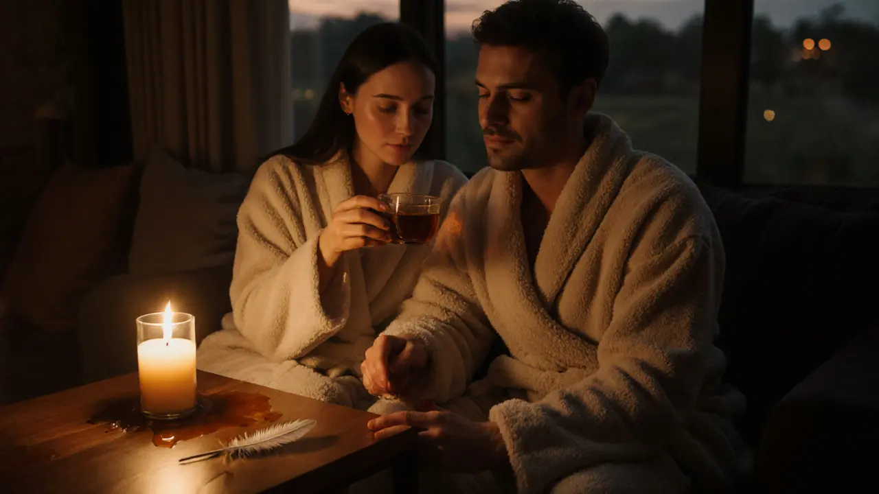 A couple wrapped in robes, holding hands in quiet after a spa session, candlelight glowing beside a spilled drop of honey.