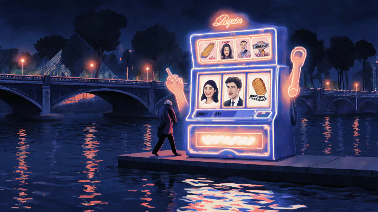 A digital slot machine superimposed over the Seine at night with profile photos as reels.