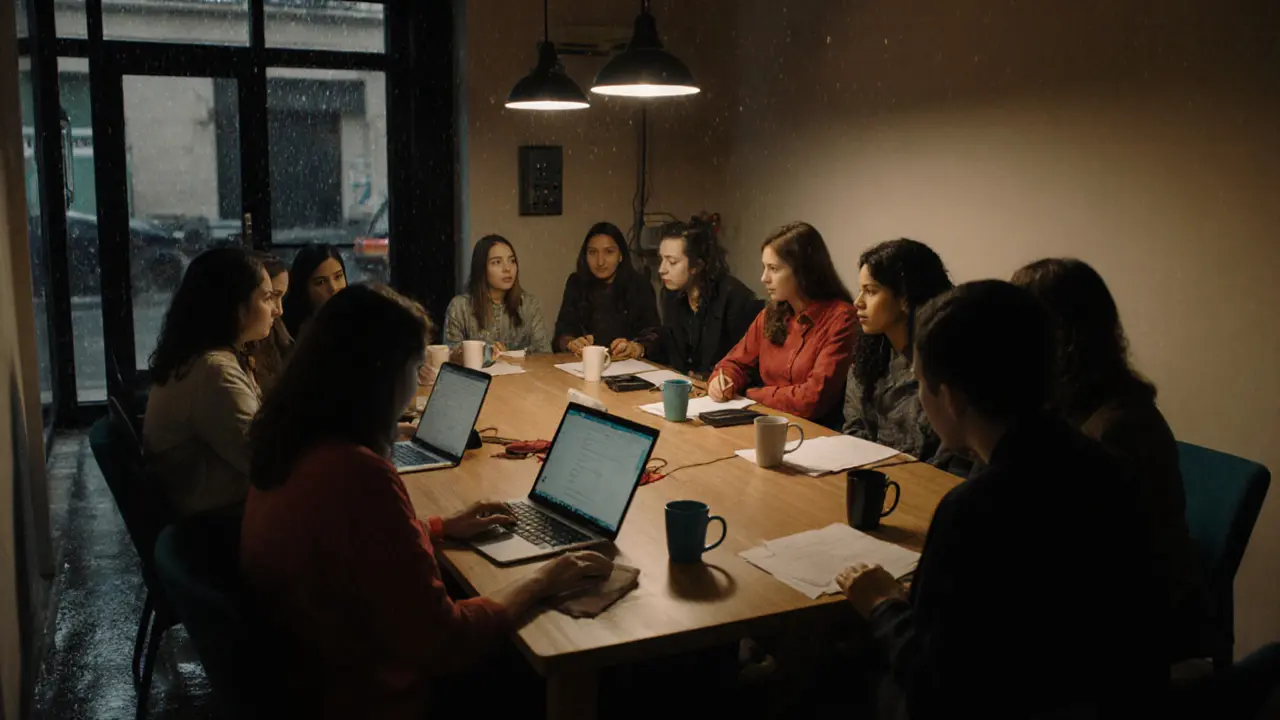 A group of sex workers sharing a safe workspace in Paris, collaborating on legal and safety resources.