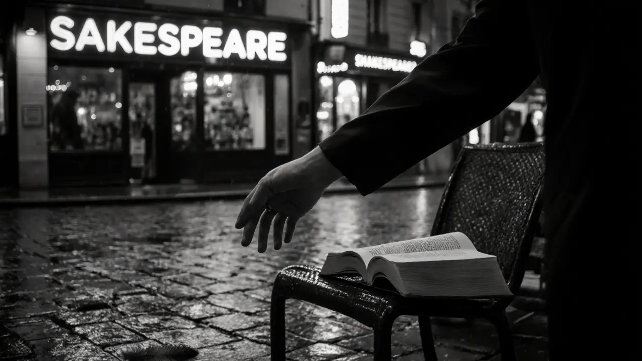 A hand brushing a sleeve near Shakespeare and Company bookstore, rain-slicked streets, book open on bench, empty chair.