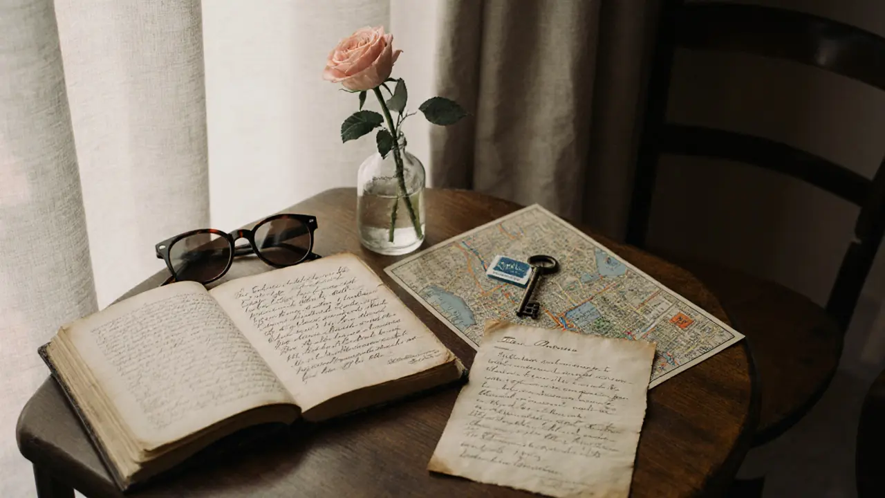 A handwritten note, rose, and map lie on a table, symbolizing quiet human connection in Paris.