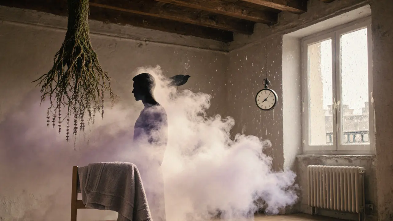 A human silhouette dissolving into lavender smoke and warm light, symbolizing stress release in a minimalist studio with wooden beams and rain-streaked windows.