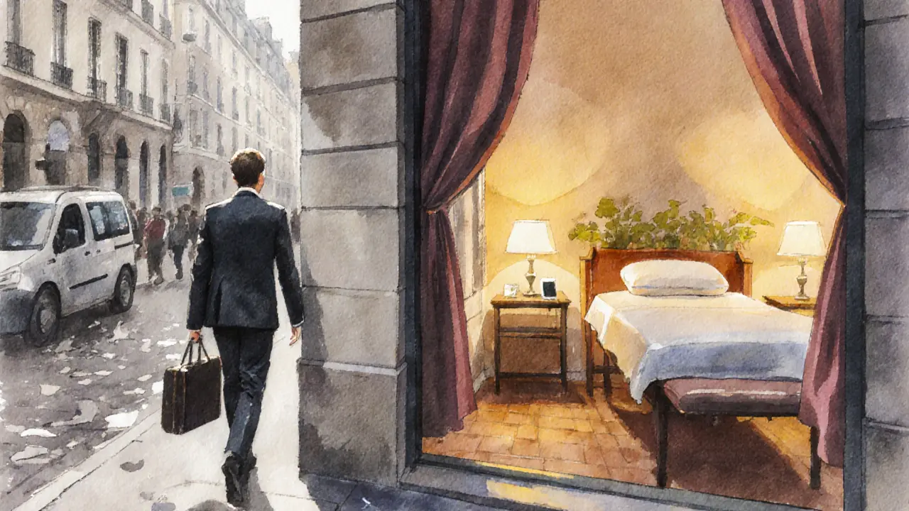 A person entering a quiet massage studio from a rainy Paris street, leaving stress behind in a contrast of chaotic exterior and calm interior.