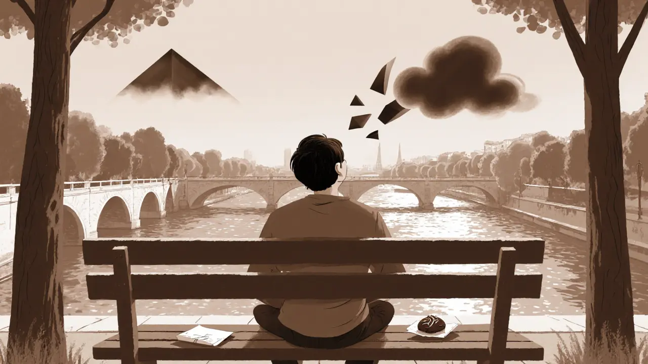 A person sitting calmly on a park bench after a massage, enjoying a pastry as stress fades away.