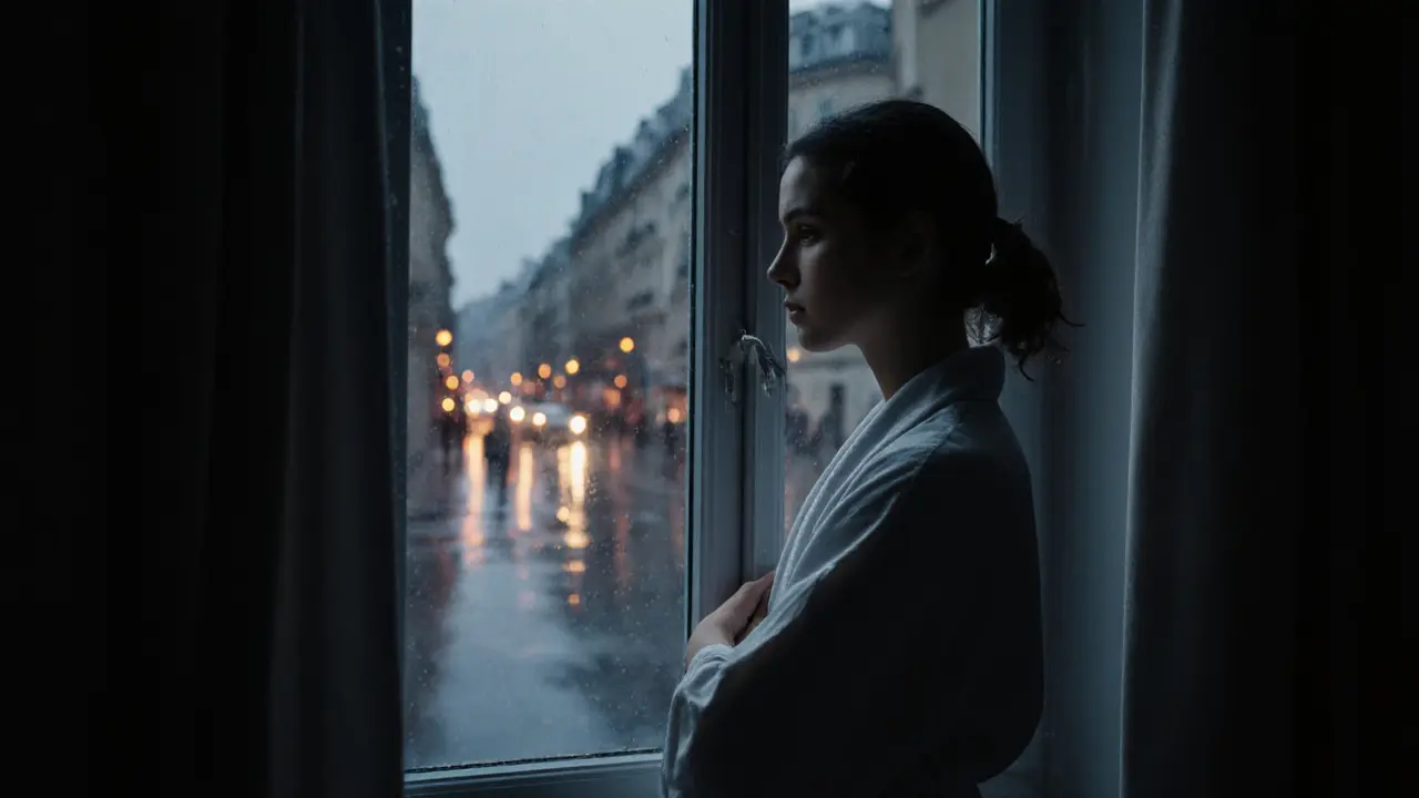 A person stands by a window after a session, wrapped in a robe, gazing at a rainy Paris street with a calm, emotional expression.