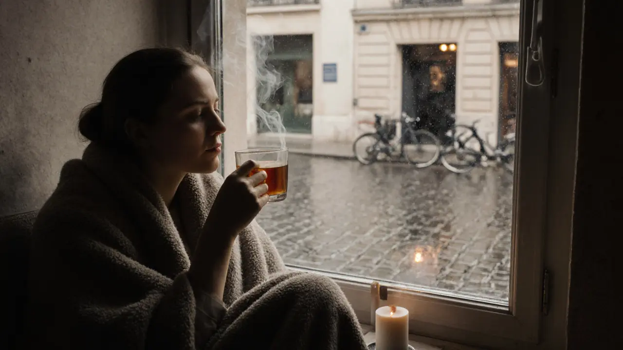 A person wrapped in a blanket sips tea by a window, eyes closed, in quiet reflection after a healing spa session in a Parisian studio.