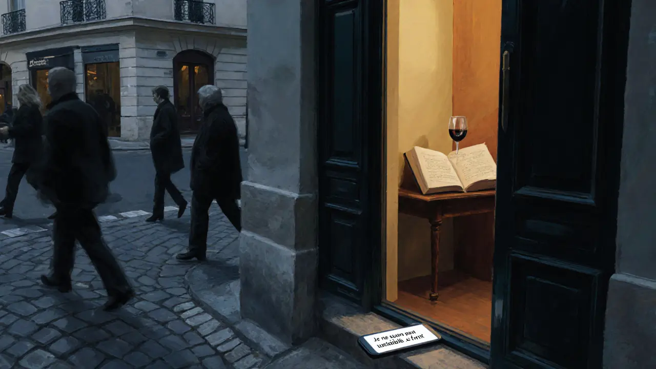 A phone with a boundary-setting text beside a closed apartment door in Paris.