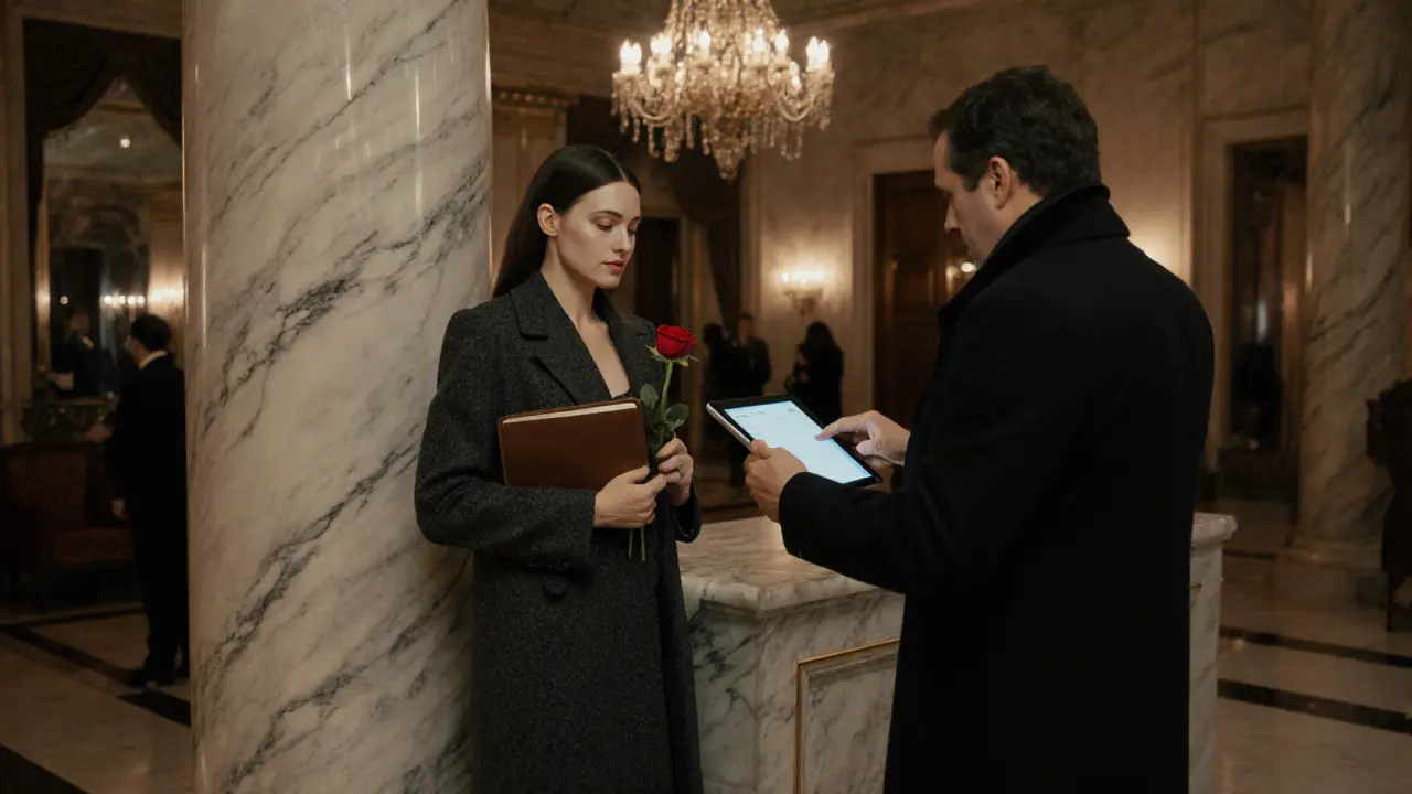 A professional escort receiving secure digital payment in a luxurious Paris hotel lobby.