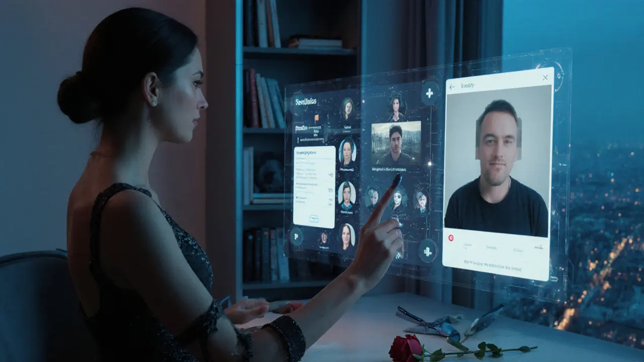 A professional escort uses a holographic interface in 2025, surrounded by encrypted client screens and a single rose on the table.
