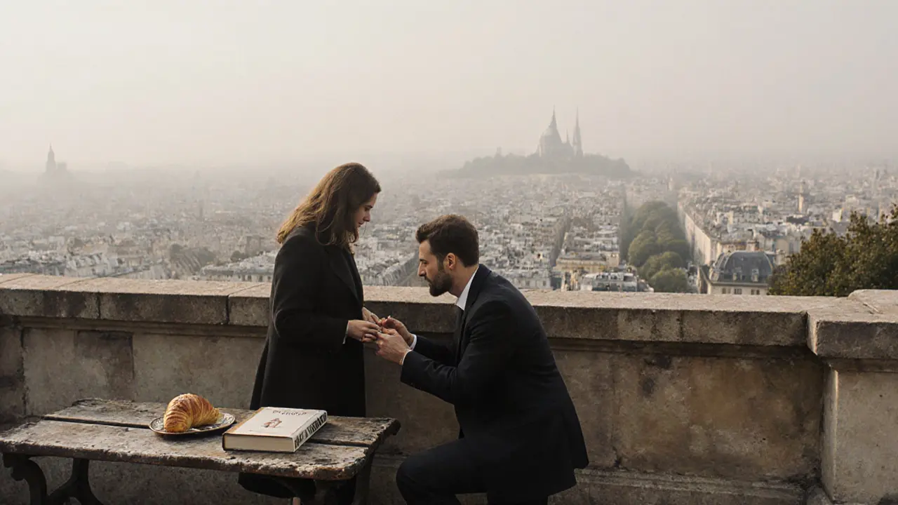 A proposal at Montmartre at dawn, with Sacré-Cœur in the background and a copy of Proust nearby.