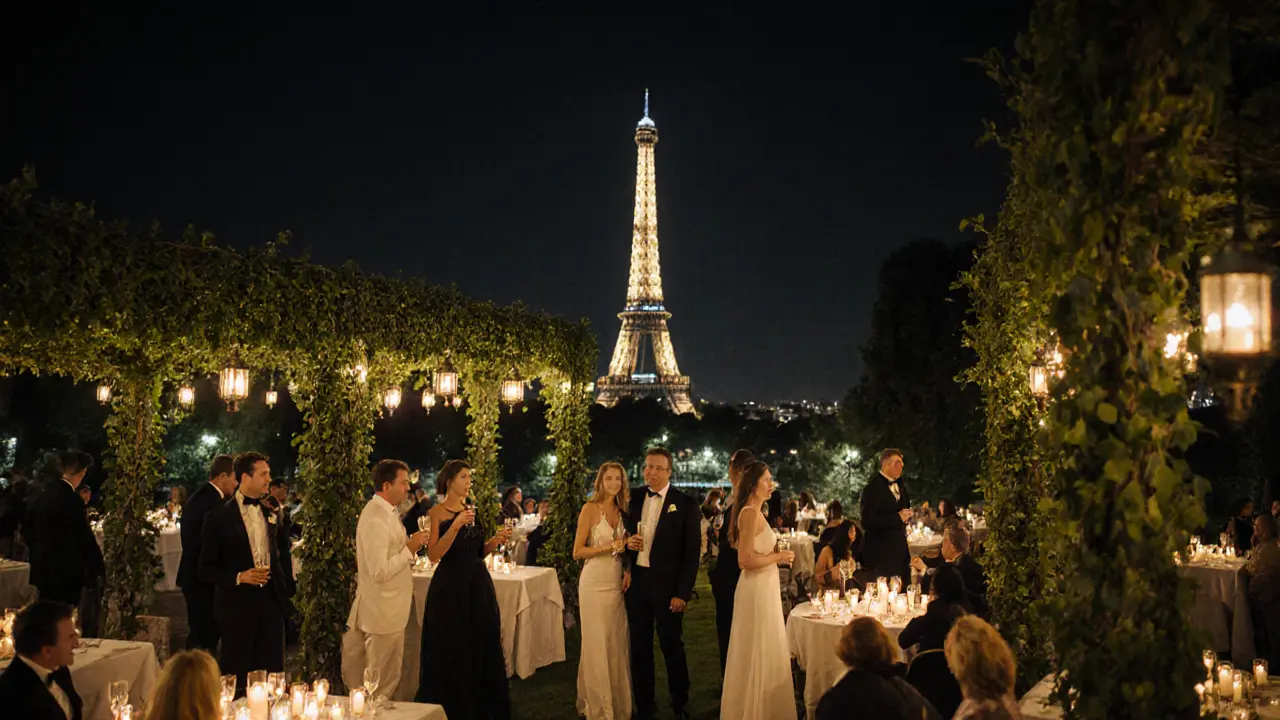 A quiet garden party under the Eiffel Tower with couples in black-and-white attire gathered around candlelit tables.