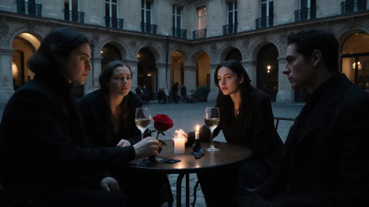A quiet group in a Paris courtyard at dusk, sharing wine and silence under candlelight.