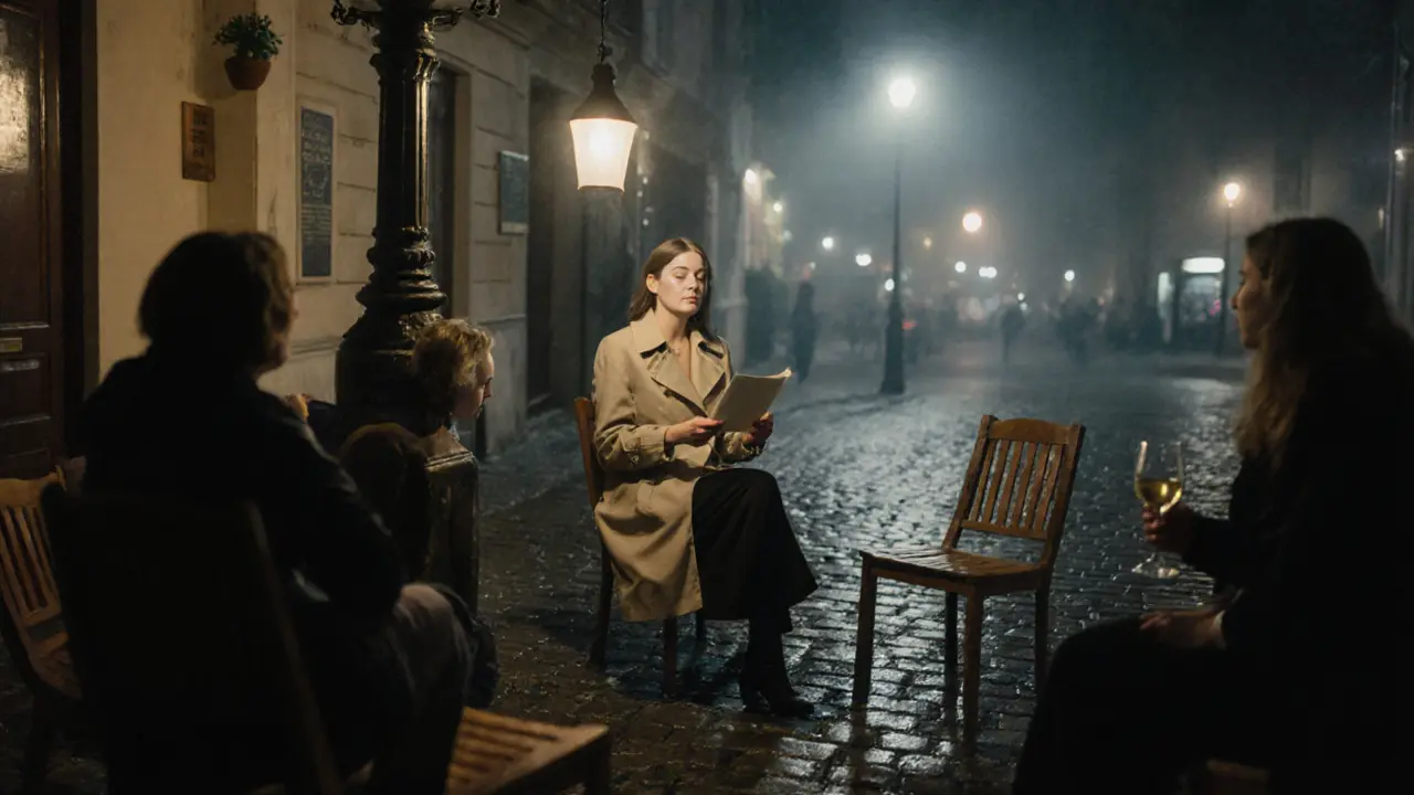 A quiet poetry gathering under a single lamp, listeners absorbed in a recitation at night.