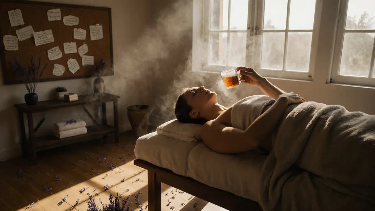 A relaxed client after a massage, wrapped in a towel, holding herbal tea as sunlight falls on lavender sprigs and handwritten notes on a corkboard.
