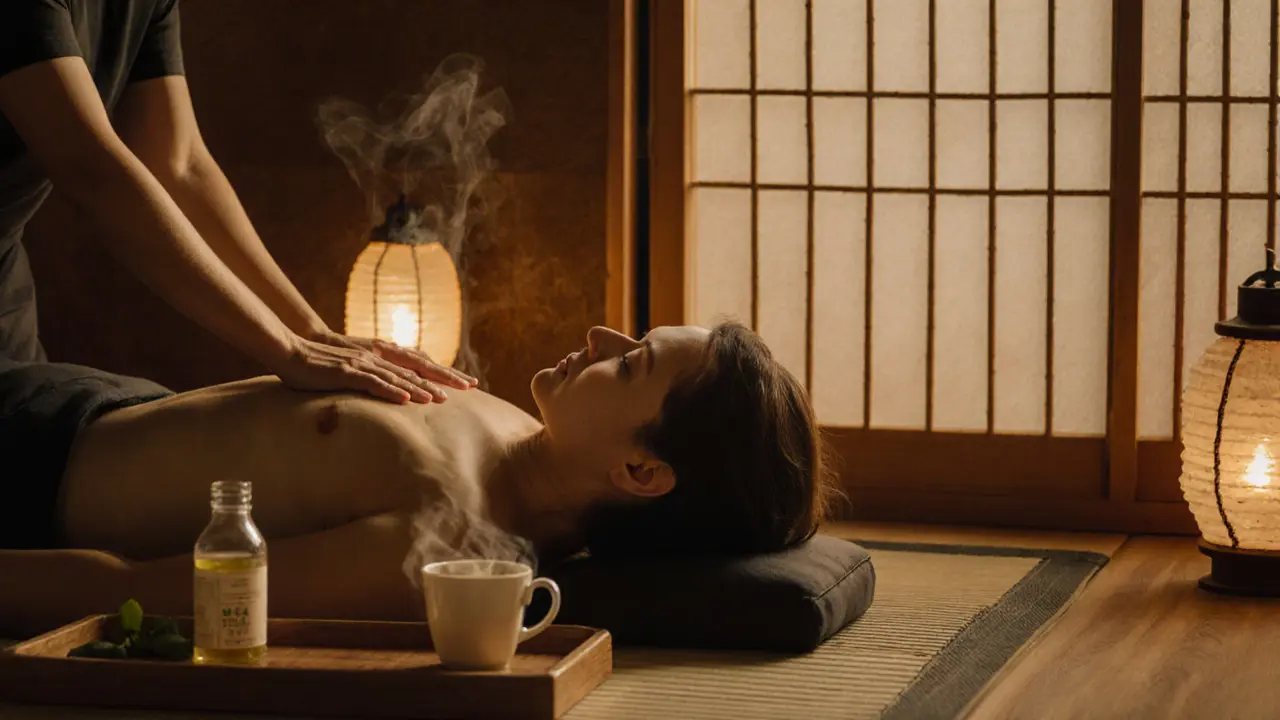 A Shiatsu massage session in a Japanese-style studio with bamboo screens, natural light, and a client fully clothed on a low table.