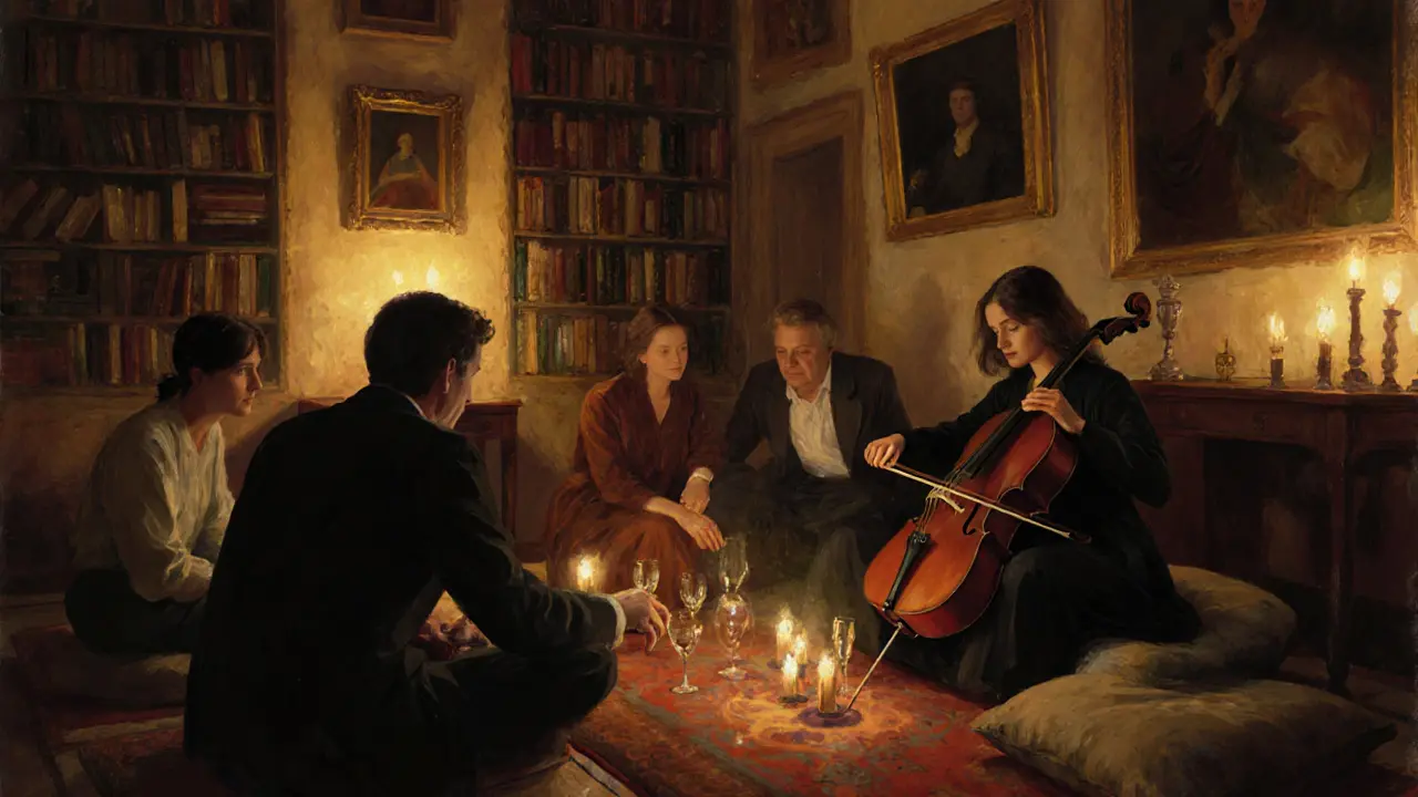 A small group in a candlelit salon listens to a cello, surrounded by books and paintings in serene silence.