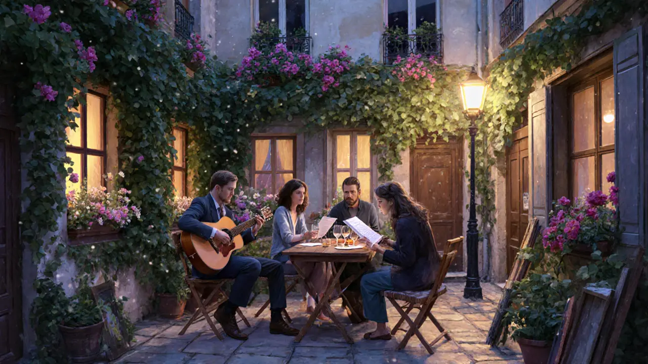 A small group in a flower-covered courtyard listening to music and poetry at dusk.