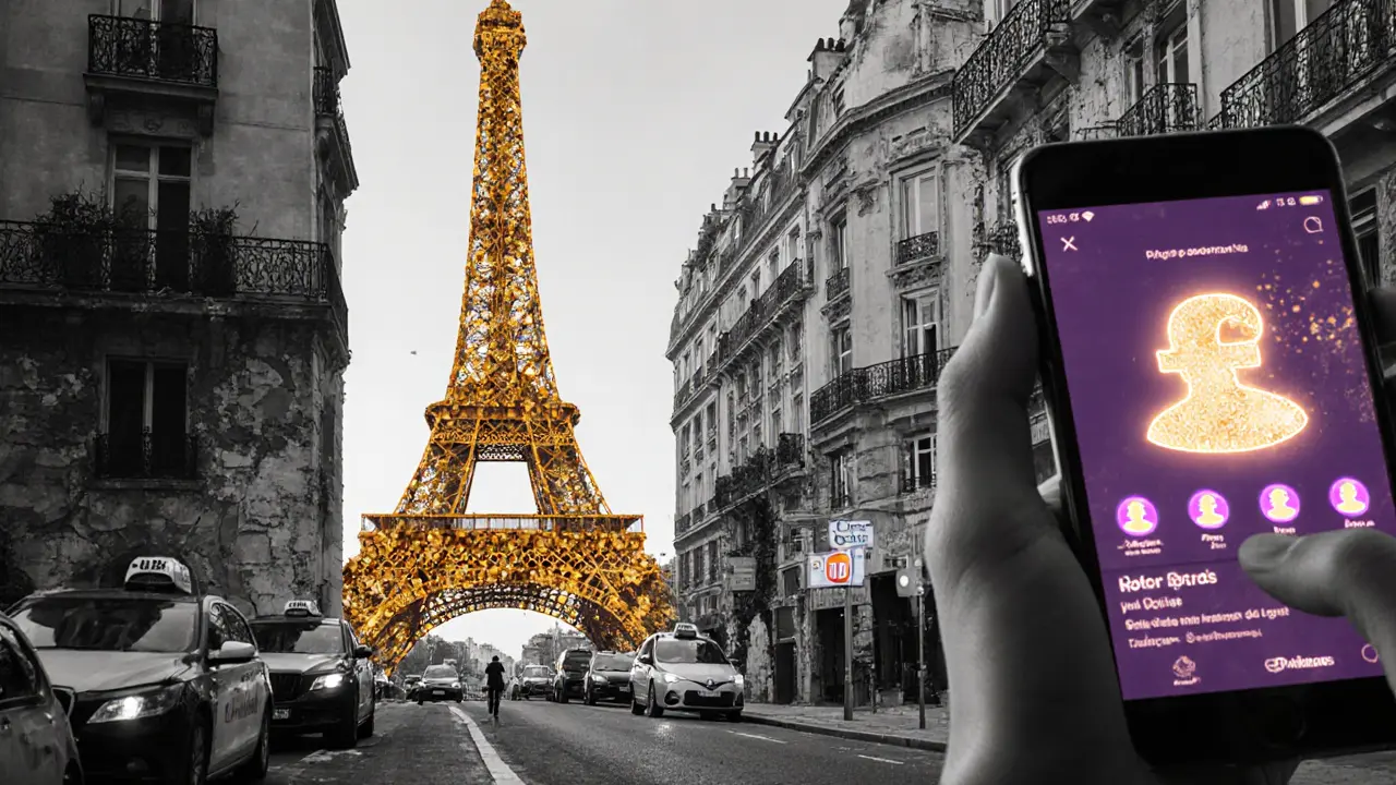 A symbolic blend of Paris landmarks and digital economy icons representing the hidden financial reality of escort work.