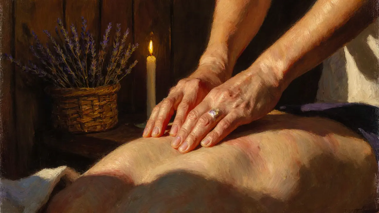 A therapist&#039;s hands performing deep tissue massage with lavender and wooden textures in the background.