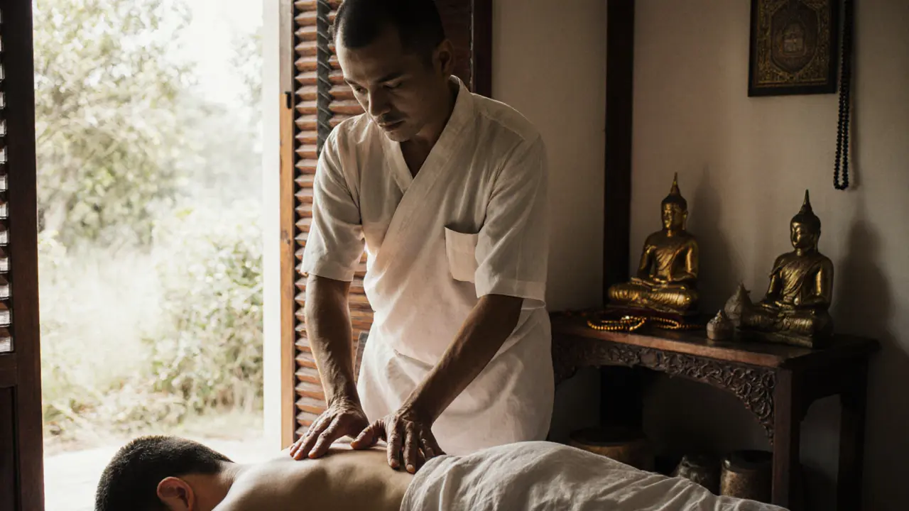 A traditional Thai massage therapist guiding a client through a stretch in a quiet village clinic.