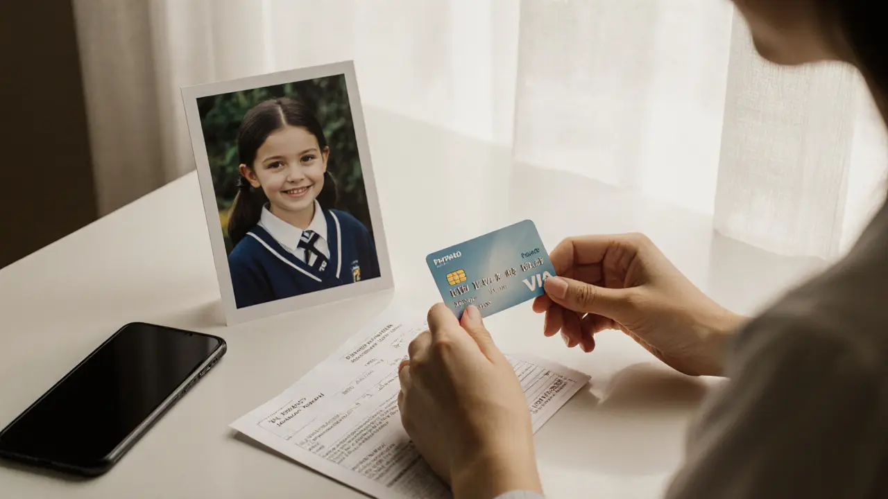 A woman&#039;s hands placing a prepaid card and a child&#039;s school photo on a kitchen counter, morning light streaming in.