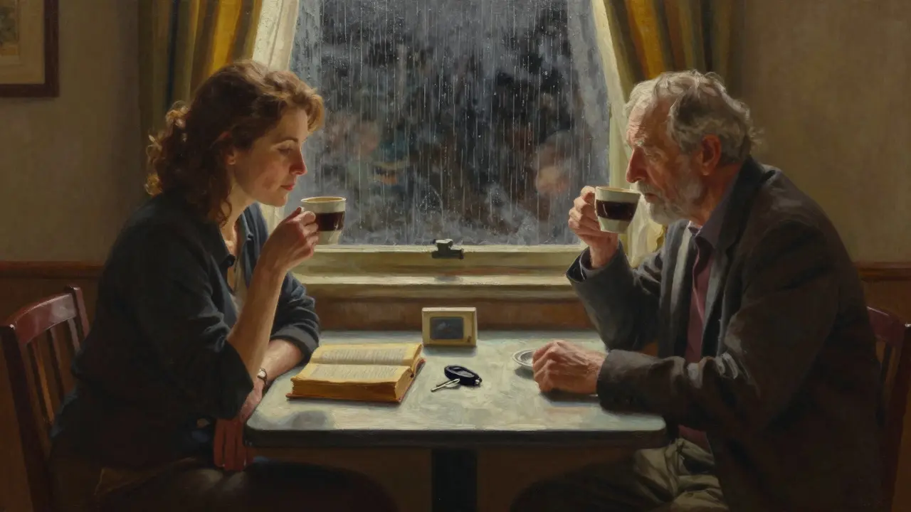 A woman and elderly man sharing coffee in a hotel room, a book and keychain between them.