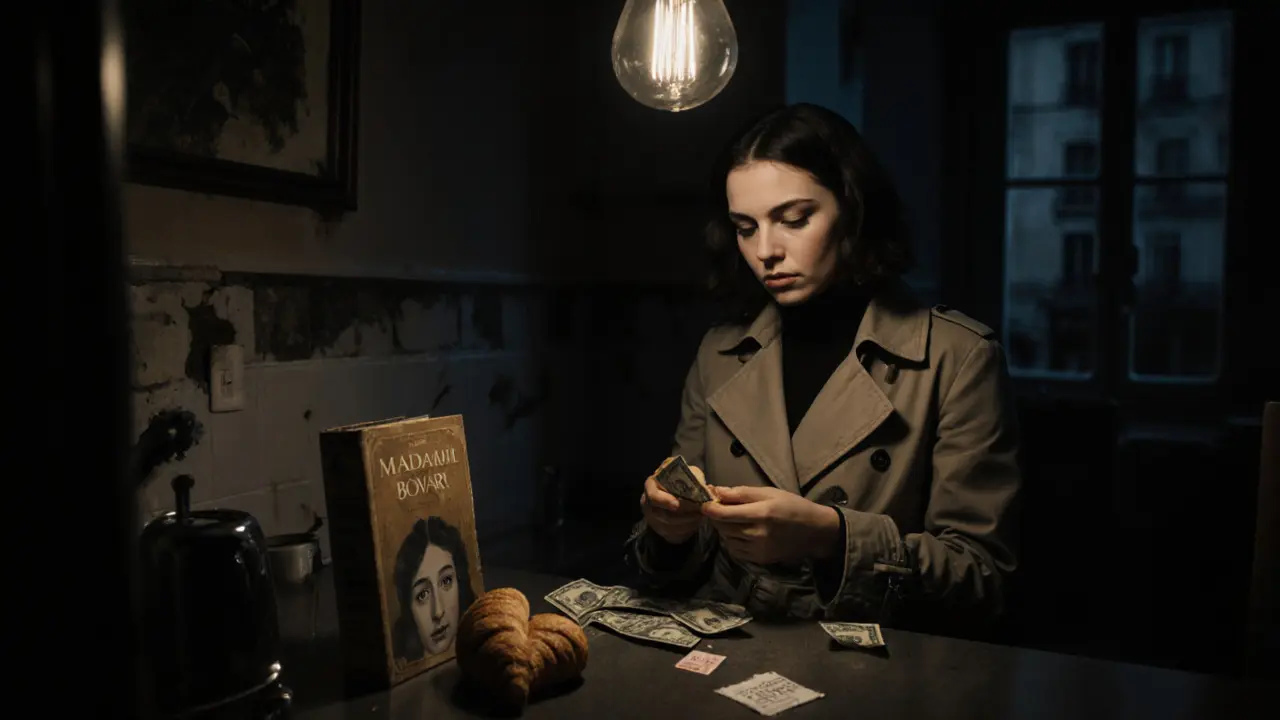 A woman counting cash in a dim kitchen, a book and croissant beside her.