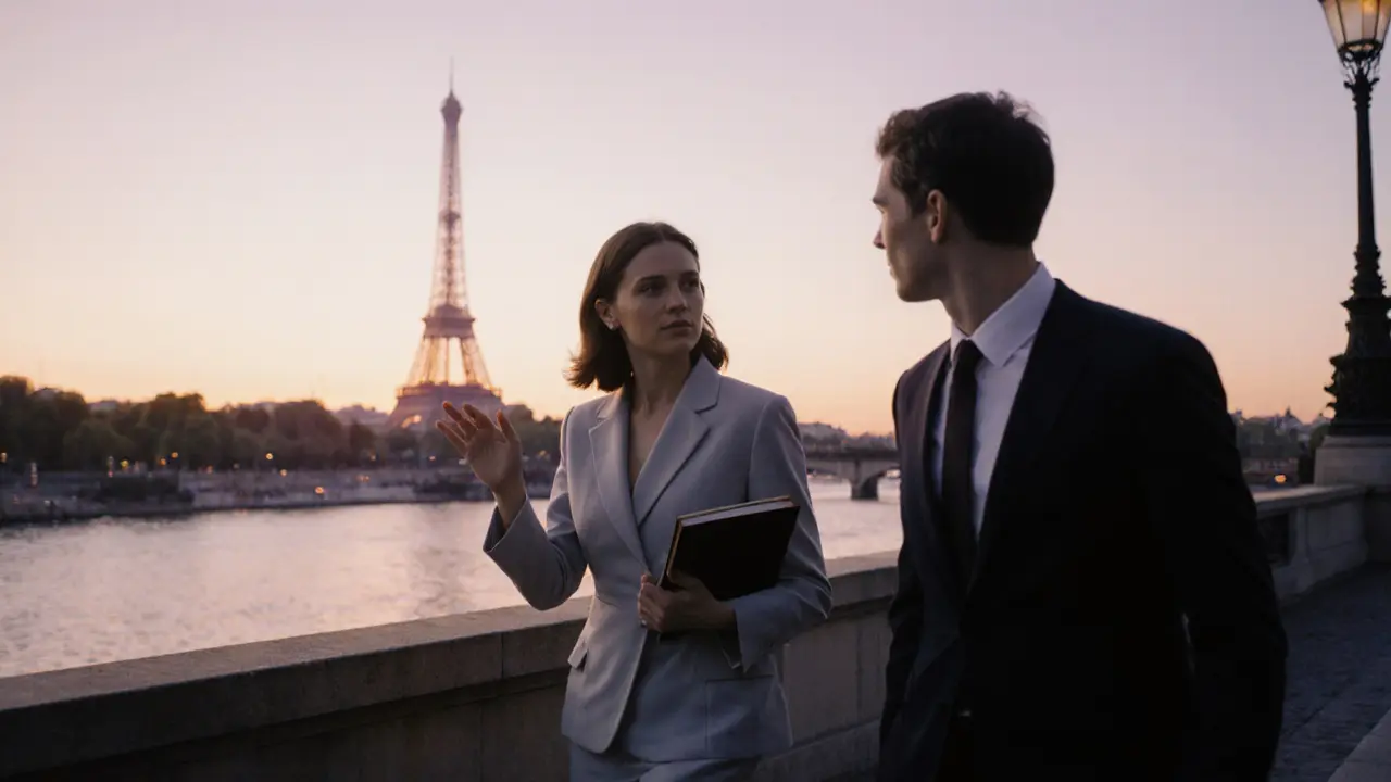 A woman guiding a visitor along the Seine at sunset, book in hand, Eiffel Tower visible in the distance.