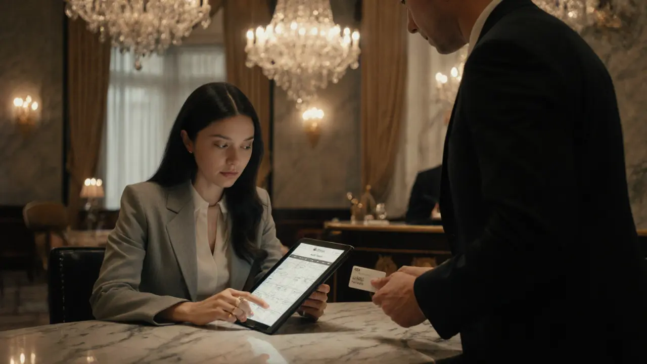 A woman in a luxury hotel lobby receiving a keycard from a concierge, discreet and professional.