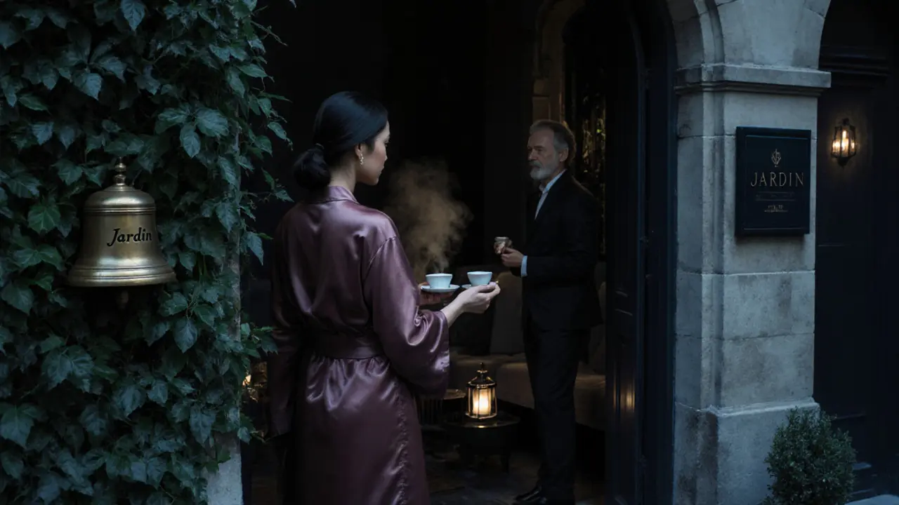 A woman ringing a bell at a hidden wellness lounge entrance in Paris, ivy-covered arch, twilight atmosphere.
