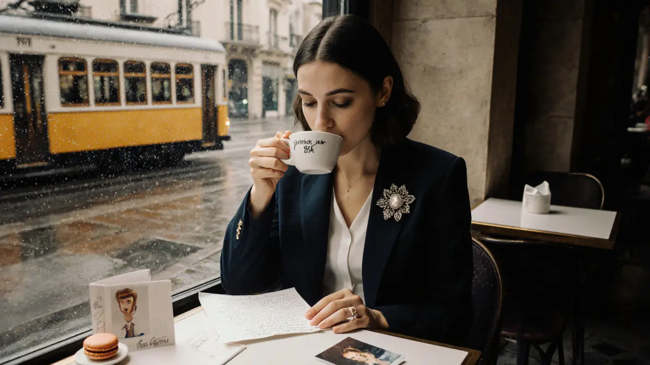 A woman sits in a Parisian café with a handwritten match note and a macaron, sunlight filtering through rain-streaked windows.