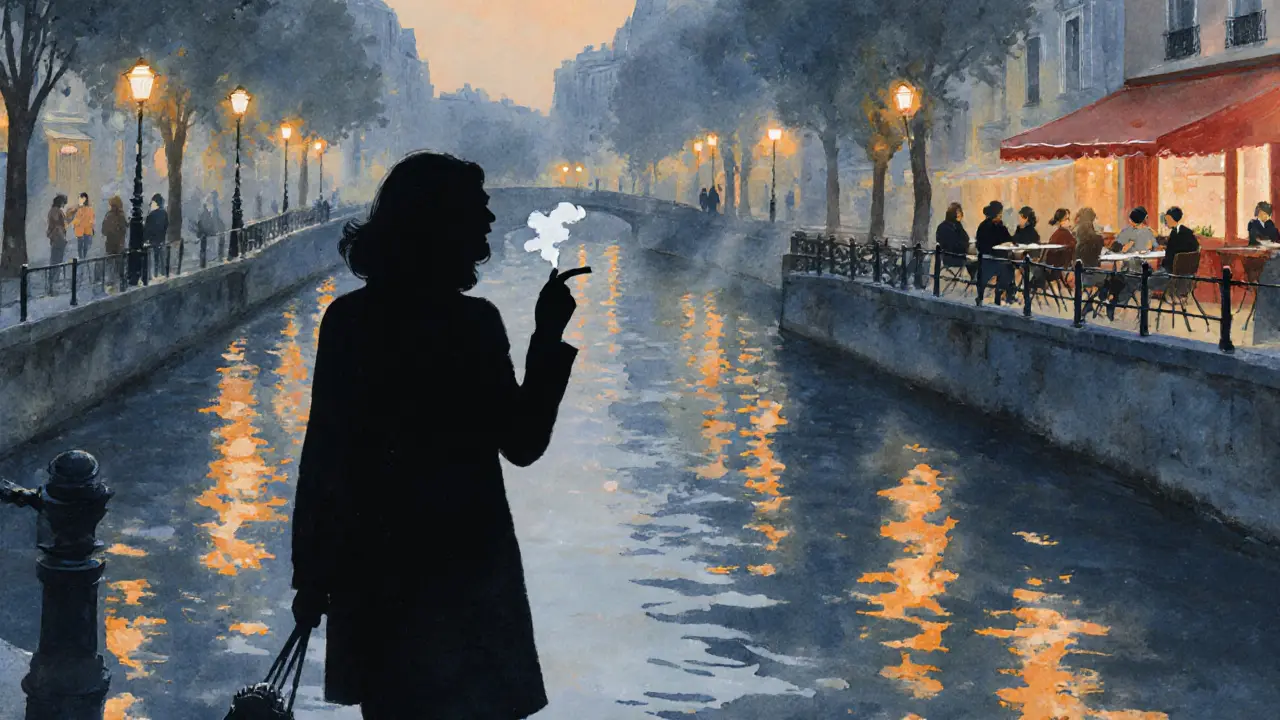 A woman walking alone by the Canal Saint-Martin at dusk, peaceful and independent.