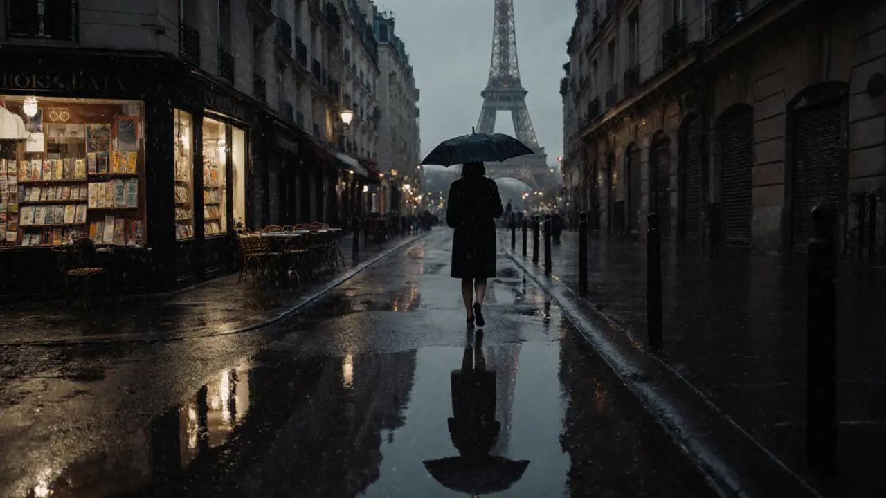 A woman walking alone under an umbrella on a rainy Paris street at night.