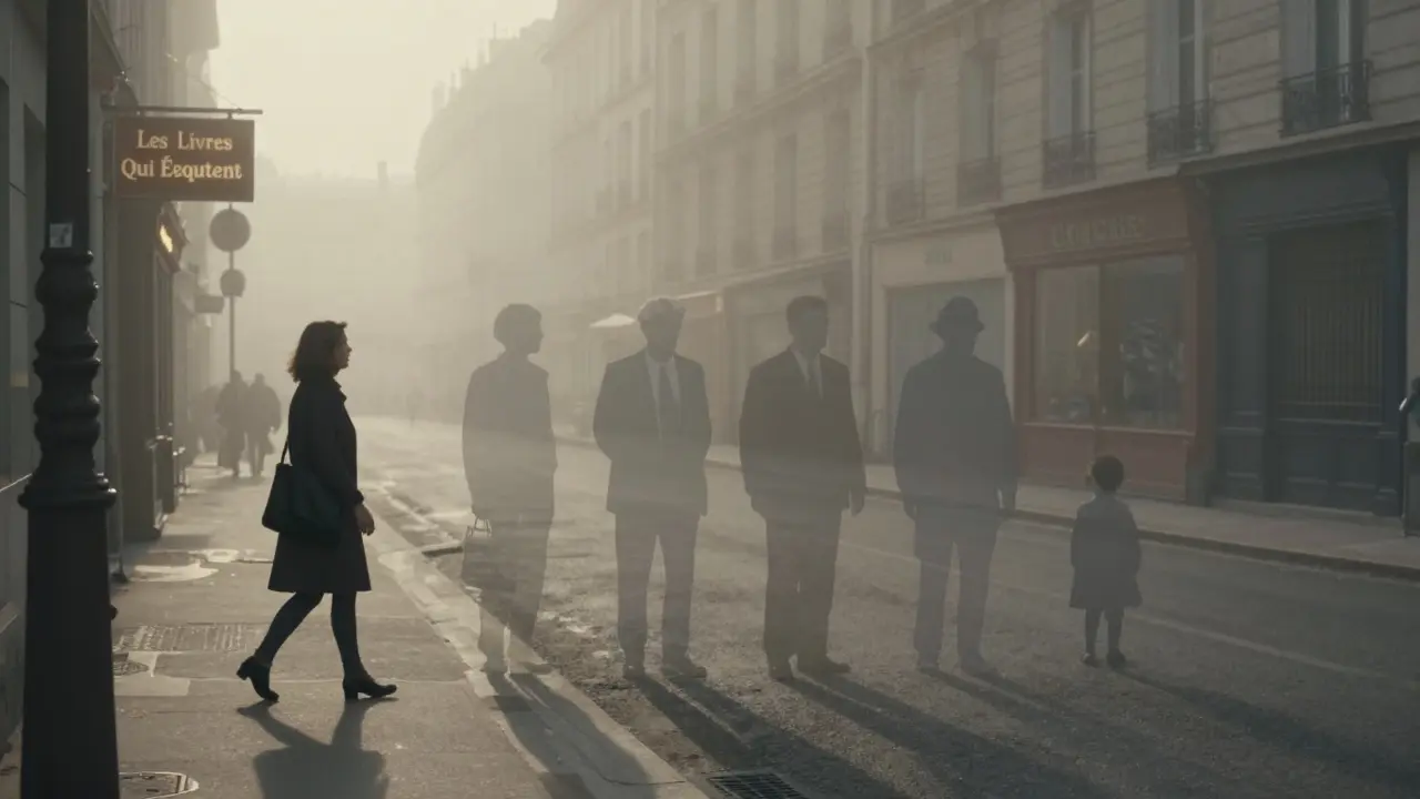 A woman walking at dawn, translucent client figures fading beside her, a bookstore glowing ahead.