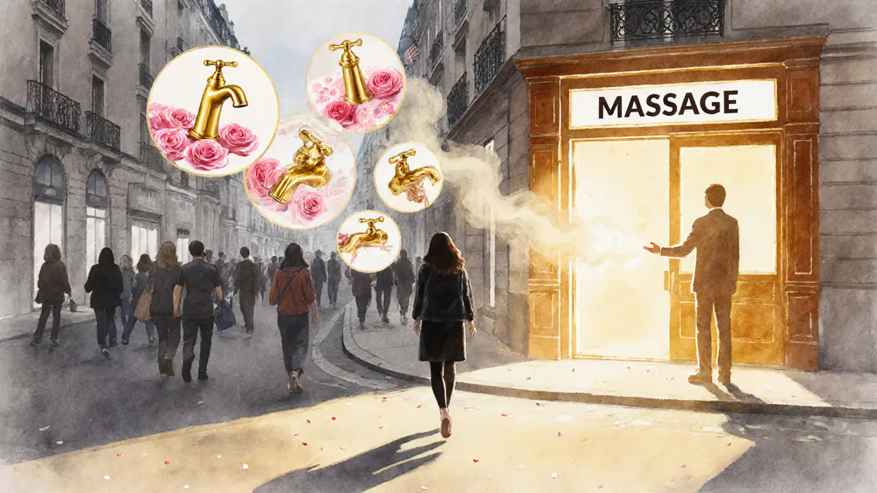 A woman walking from a crowded tourist street toward a glowing doorway labeled &#039;Massage,&#039; symbolizing relief.