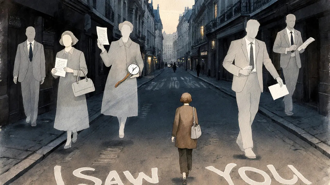 A woman walks down a Paris street at dusk, surrounded by ghostly figures representing the stories she has held.