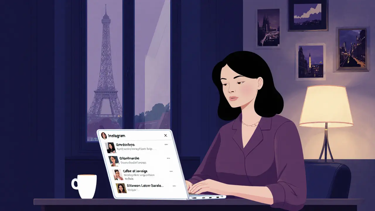 A woman works on her laptop in a Paris apartment, displaying a coded Instagram profile with soft ambient light and Eiffel Tower reflection.