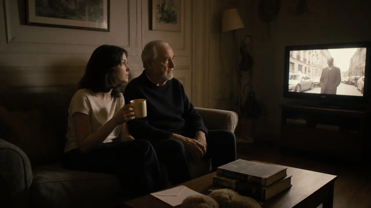 A young woman and older man watching a movie together in silent companionship.