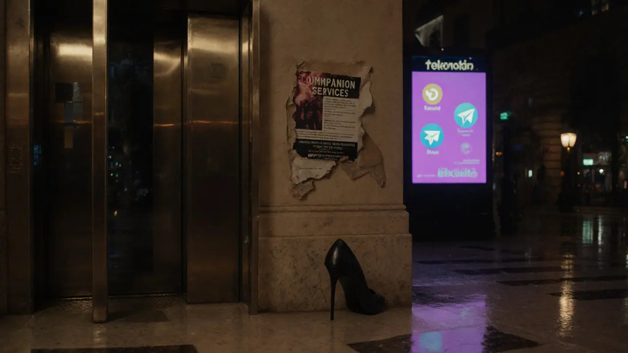 An abandoned shoe and peeling flyer in a quiet Paris hotel lobby, digital ads glowing faintly above.