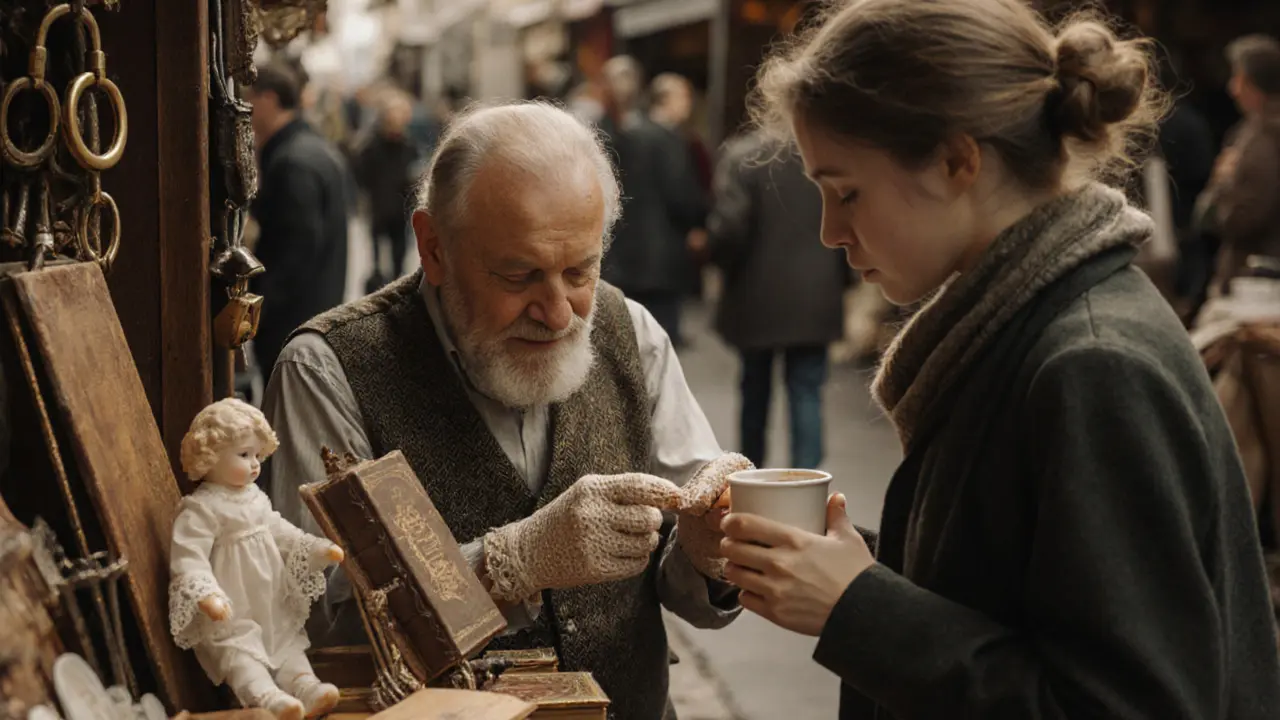An antique dealer and visitor exchanging glances over vintage gloves at Saint-Ouen market.