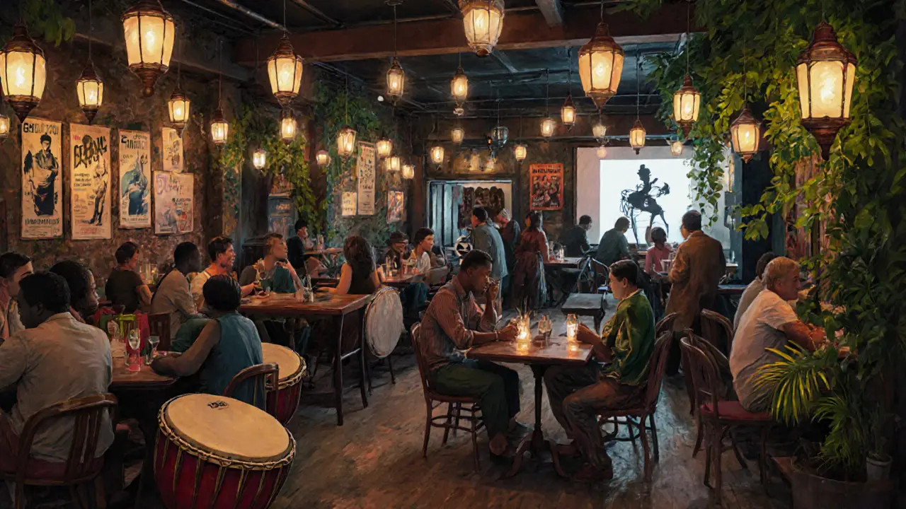 An eclectic cultural hub with lanterns, drums, and film projections, filled with diverse locals enjoying the night.