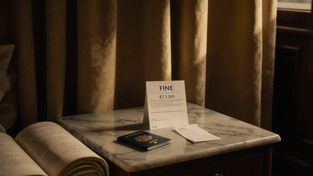 An empty hotel room in Paris with a fine notice and open passport on the nightstand under soft dusk light.