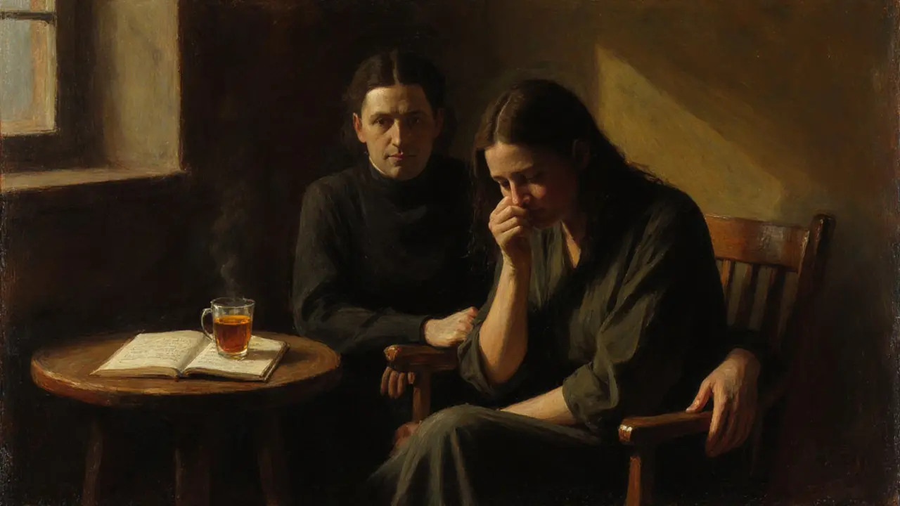 An escort sits beside a crying client in a quiet room, offering silent presence without touch.