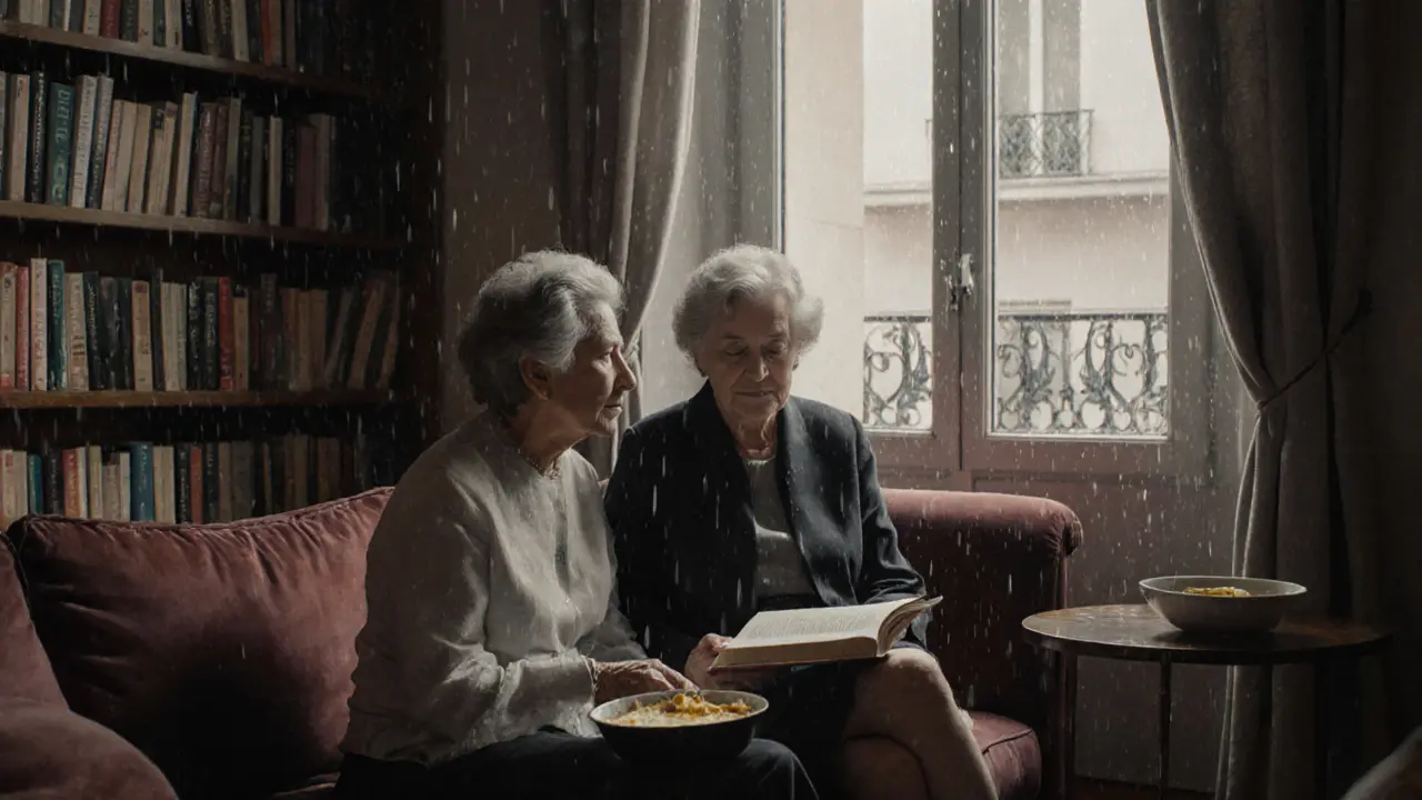 An older woman and a younger companion sit together on a sofa, sharing a peaceful moment by a rainy window.