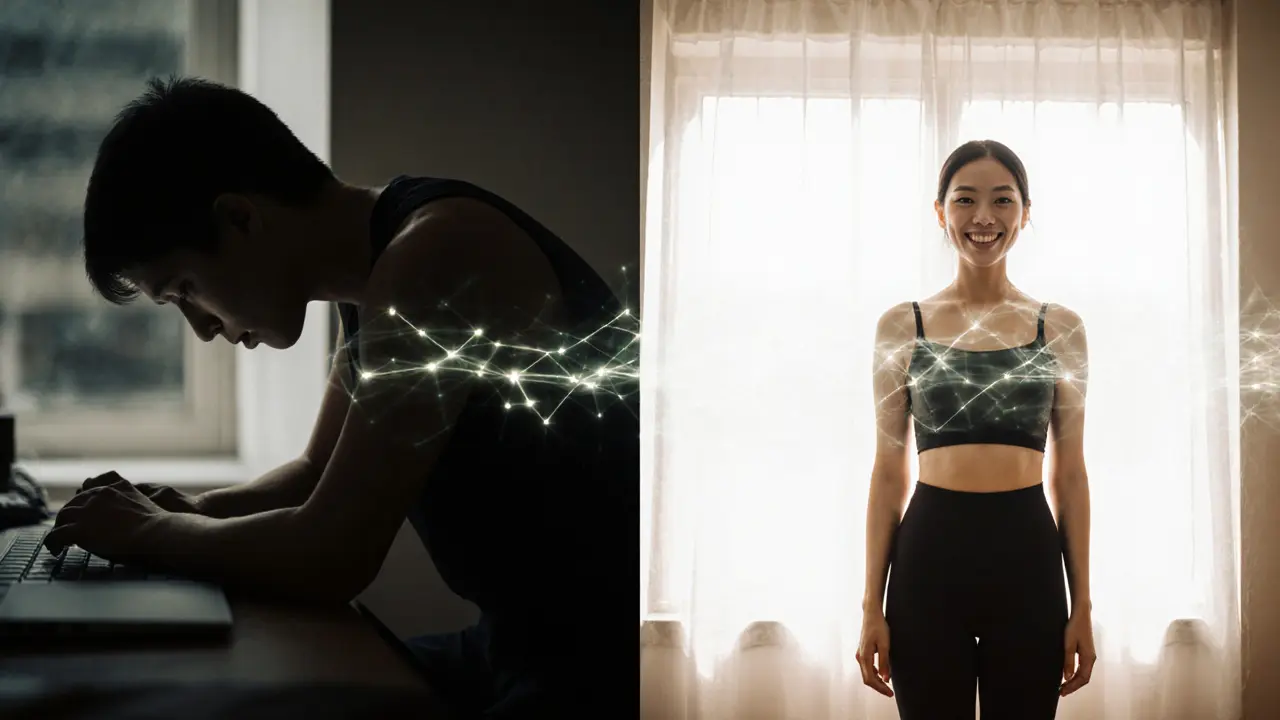 Before and after contrast of stress and relaxation after a Thai massage session.