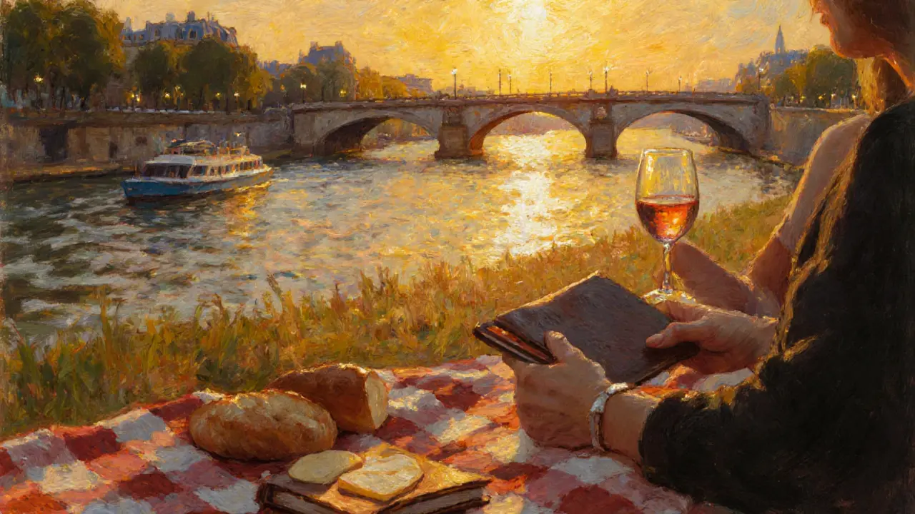 Couple exchanging notebooks during a sunset picnic by the Seine, golden hour glow.