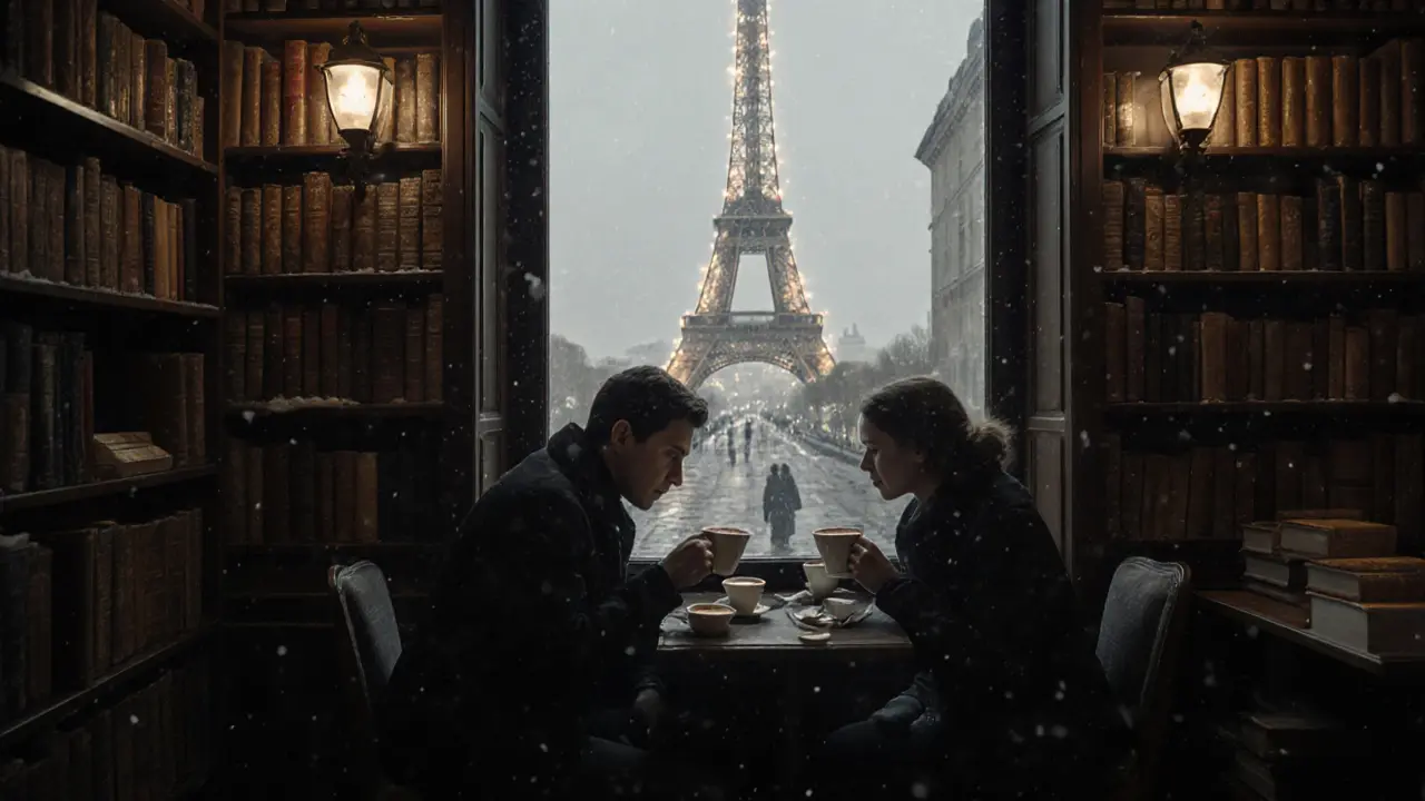 Couple sipping hot chocolate in an old bookstore, Eiffel Tower sparkling outside the window.