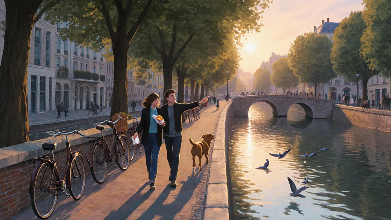 Couple walking along Canal Saint-Martin at sunset, holding croissant, dogs chasing pigeons nearby.