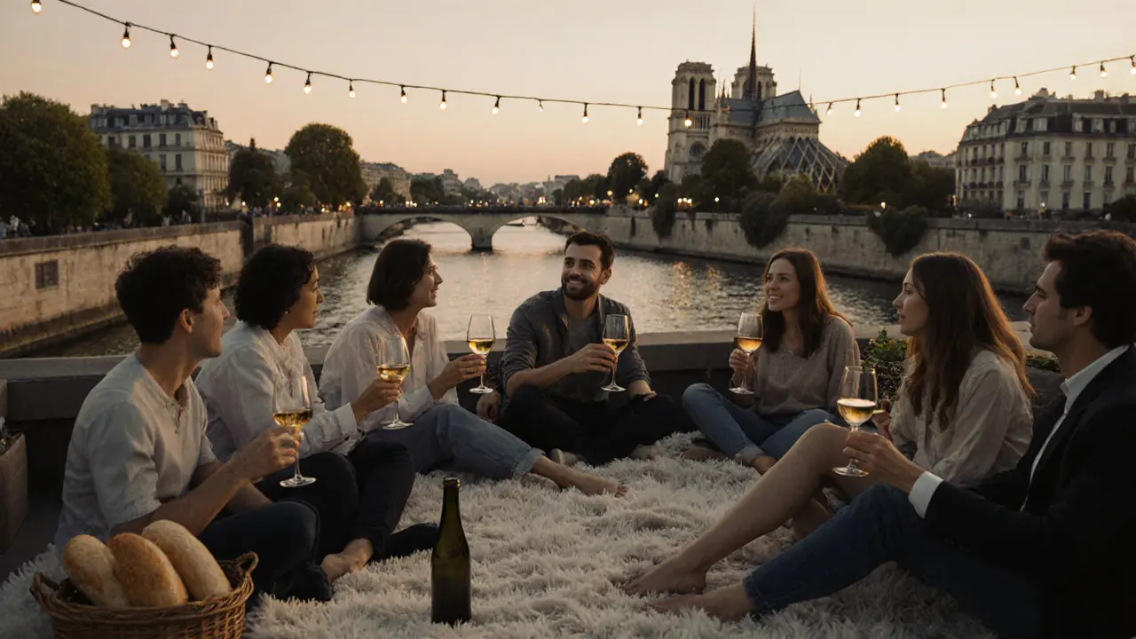 Couples on a Paris rooftop at sunset, wine glasses in hand, Seine and Notre-Dame in the distance, quiet and relaxed.